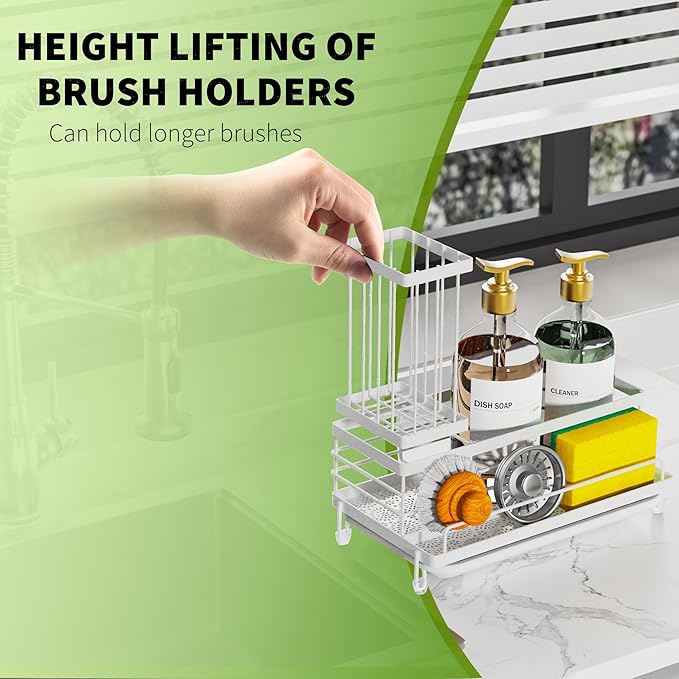 Cisily Kitchen Sink Caddy Organizer, Sponge Holder, Detergent Brush Holder, Plug Storage, White, Stainless Steel, Adjustable, 3 Compartments, 9.56" x 5.15" x 5.15"