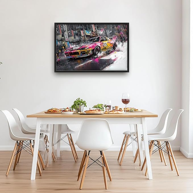 Flintis Large Japanese Graffiti Car Framed Wall Art Racing Car Pictures Wall Decor Abstract Street Racing Canvas Painting Print Artworks Framed for Living Room Bathroom Master Bedroom 36L X 24W