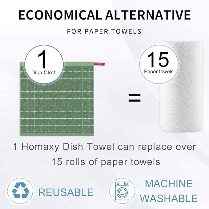 Homaxy 100% Cotton Terry Kitchen Dish Cloths, Ultra Soft and Absorbent Dish Towels for Kitchen, Suitable for Drying and Washing Dishes, 8 Pack, 12 x 12 Inches, Grass Green