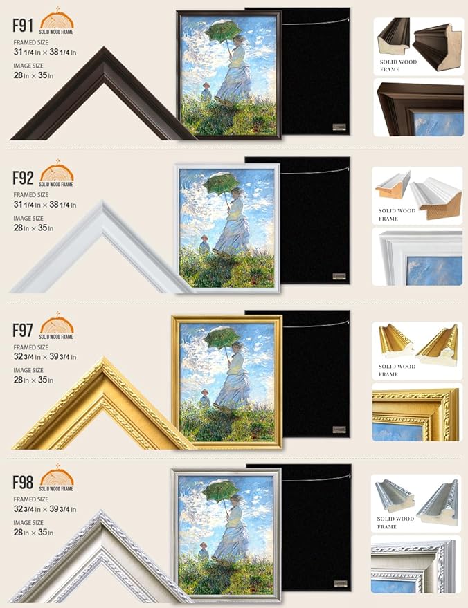 DECORARTS - Claude Monet Woman With a Parasol, Large Framed Wall Art, Canvas Size 28x35, Outer Dimensions Larger With Customizable Solid Wood Frames, Giclee Canvas Print, Made in USA