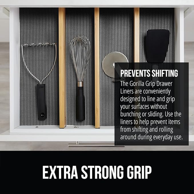 GORILLA GRIP powerGRIP Drawer Shelf and Cabinet Liner, Thick Strong Hold, Non-Adhesive Liners Protect Kitchen Cabinets and Cupboard, Bathroom Drawers, Easy Install, Breathable Mat, 17.5" x10' Charcoal