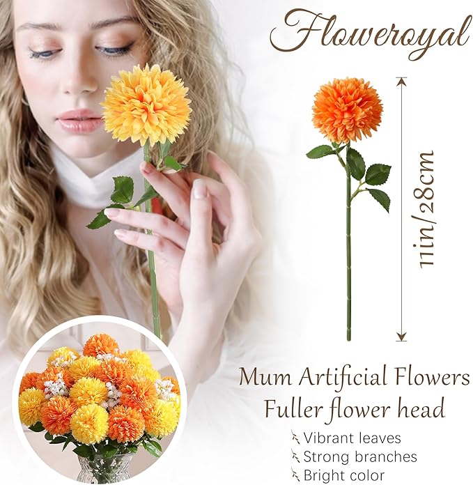 Floweroyal 24pcs Fall Flowers Artificial Chrysanthemum Ball Flower, Fake Mums Silk Hydrangea Flowers Bridal Wedding Bouquet for Home Garden Party Autumn Decor