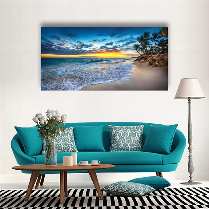 Beach Sunset Pictures Canvas Wall Art For Living Room Bedroom Wall Decor,Sunset Wall Art Print Paitnings for Home Decor,Morden Artwork Palm Coconut Tree Canvas Art Ready to Hang-28x57 Inches