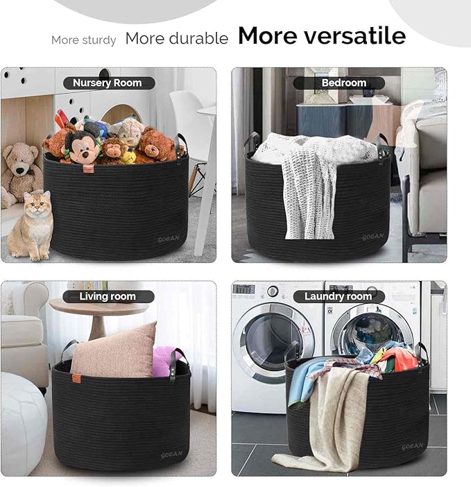 Extra Large Storage Laundry Basket 22" X 22"X 14" Cotton Rope Woven for Blanket Basket with Handles for Living Room Toys Storage XXXL (Pure Blk)