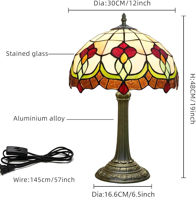 Red Tuilp Tiffany Lamp Stained Glass Table Lamps Antique Vintage Style Bedside Nightstand Nightstand Decor Living Room Bedroom Office Home Retro Bar Hotel 12 Inch Unique Flower Reading Desk Lamps