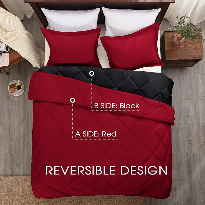 Basic Beyond Queen Comforter Set, Red and Black Comforter Set Queen Size, Reversible Bed Comforter Queen Bed Set for All Seasons, 1 Comforter (88"x92") and 2 Pillow Shams (20"x26"+2")