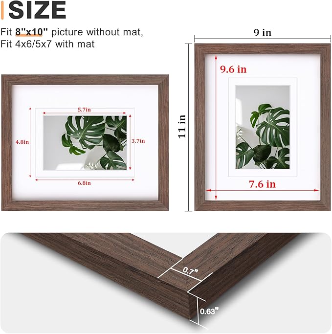 Egofine 8x10 Picture Frames Set of 4, Made of Solid Wood Covered by Plexiglass 4x6 and 5x7 with Mat or 8x10 without Mat, for Table Top Display and Wall Mounting Photo Frame Brown