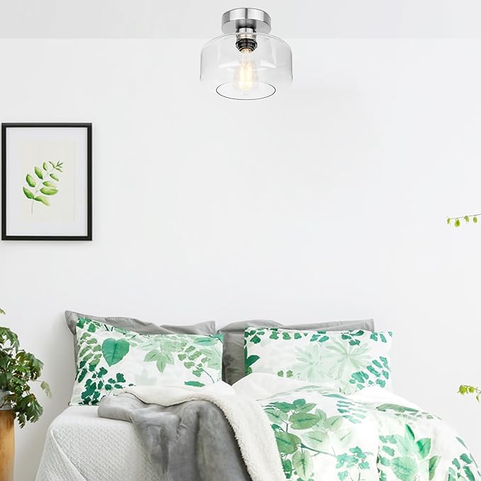 Industrial Semi Flush Mount Ceiling Light Brushed Nickel, 800 Lumen LED Bulb Included, Clear Glass Shade Ceiling Light Fixture, Farmhouse Light Fixture for Hallway Corridor Kitchen Bathroom Bedroom