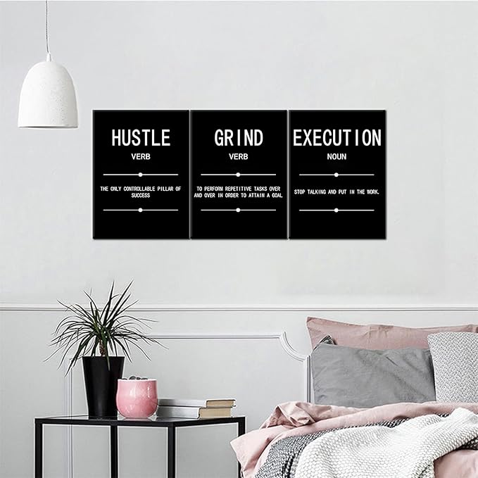 Inspirational Quotes Grind Verb Hustle Verb Execution Noun Motivational Painting Wall Art 3 Pieces Canvas Print Inspiring Office Decor Poster Framed for Wall Art Decoration Ready to Hang[36''Wx 16''H]