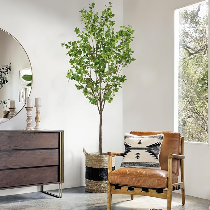 Faux Ficus Tree 7.5ft(90in) Artificial Floor Plant for Indoor Decor Realistic Potted Tree with Texture Silk Leaves and Natural Wood Trunk for Home Living Room,Office Perfect Housewarming Gift