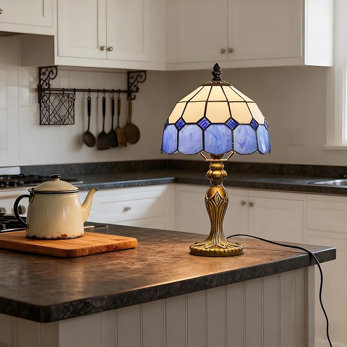 Tiffany-Style 8 Inch Table Lamp Mediterranean Series Stained Glass Lampshades Small Bedside Lamp Reading Antique Desk Light Livingroom Bedroom Office Vintage Art Deco Victorian(Color:Blue)