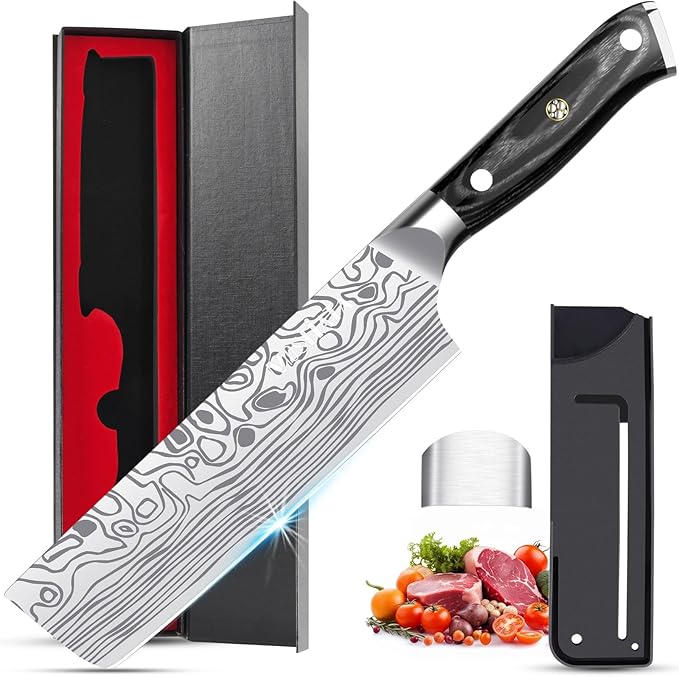 MOSFiATA 7” Nakiri Chef's Knife with Finger Guard, German High Carbon Stainless Steel EN1.4116 Vegetable Knife, Multipurpose Kitchen Knife with Micarta Handle in Gift Box