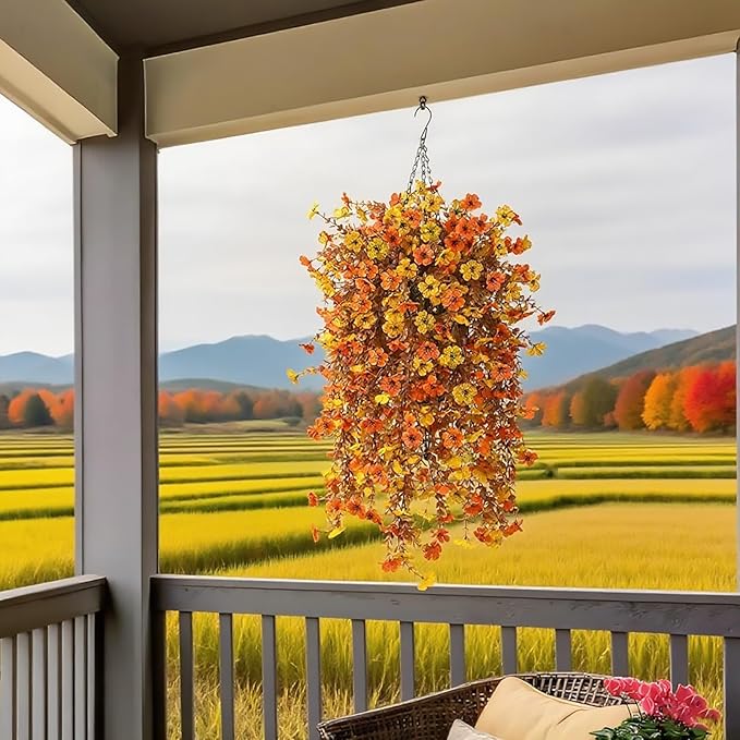 Fall Artificial Hanging Flowers for Outdoor 2 Pcs Fake Hanging Plants Autumn Decor -UV Resistant Artifical Faux Flower Silk Flowers for Indoor Planter Porch Balcony Yard Decor (Orange+Yellow)
