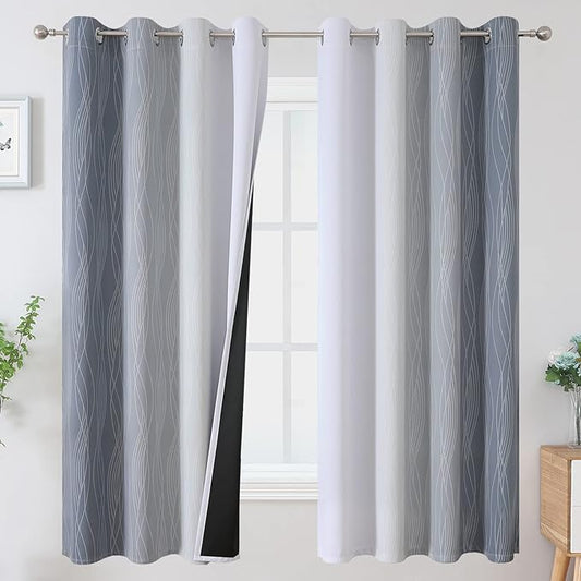 Estelar Textiler Grayish White and Grey Blackout Curtains for Living Room, Ombre Thermal Insulated Noise Reducing Blackout Drapes for Bedroom, Full Room Darkening Grommet Curtains, 52Wx63L, 2 Panels