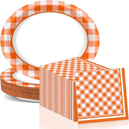 Orange Checkered Oval Paper Plates 11inch Orange and White Gingham Paper Plate and Napkin, Dish Tray Fall Plaid Party Decoration Supplies for Birthday BBQ Picnic Baby Shower Tableware, 25 Guest