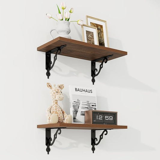 RICHFOCUS Floating Shelves for Wall Decor, 8 Inch Deep Shelves Set of 2, 16W x 8D Floating Shelves Wall Mounted with Metal Brackets, Rustic Wood Shelves for Living Room Bedroom Kitchen, Walnut
