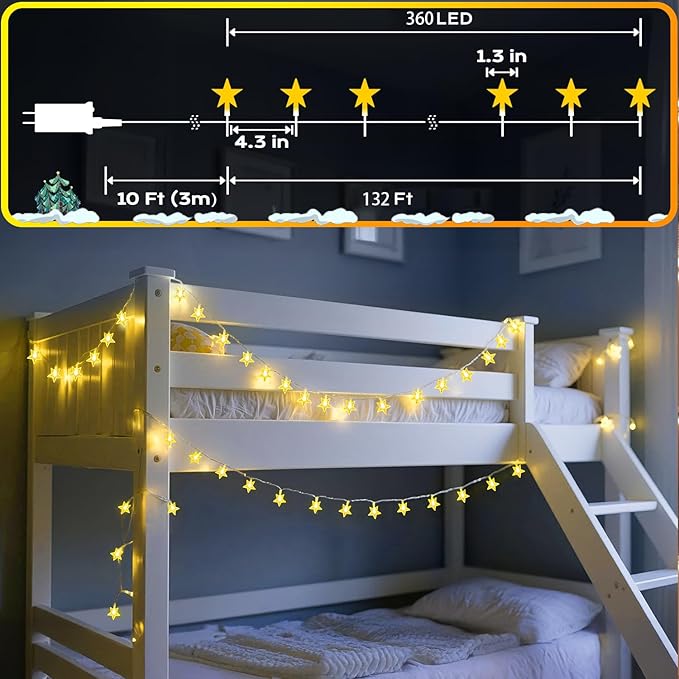 Star String Lights 360 LED 132FT,8 Modes Plug in Star Fairy Lights with Timer & Memory, Indoor Outdoor Star Christmas Lights for Birthday Party Bedroom Wedding Home Classroom Decor Warm White