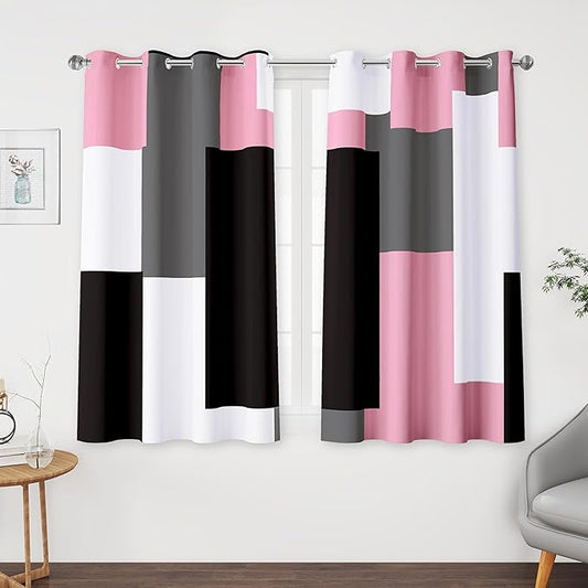 Pink 100% Blackout Curtains for Bedroom 45 inch Length 2 Panels Set Grey Modern Abstract Geometric Black Out Curtains Insulated Room Darkening Window Drapes for Living Room, 52Wx45L