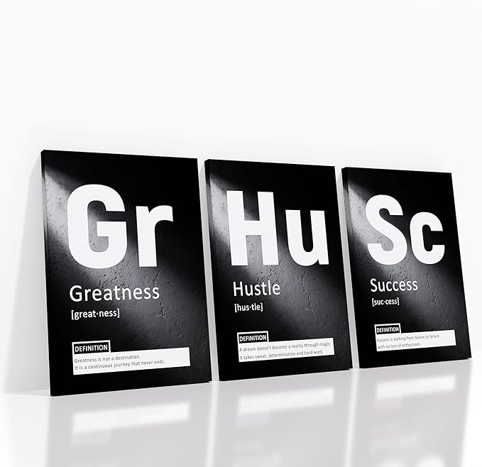 Greatness Hustle Success Inspirational 3 Pieces Posters Print Wall Art Home Decor Positive Sign Picture Painting Artwork for Living Room Gym Workplace Office Stretched and Framed [60''Wx28''H]