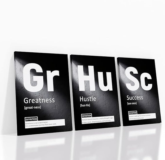 Greatness Hustle Success Inspirational 3 Pieces Posters Print Wall Art Home Decor Positive Sign Picture Painting Artwork for Living Room Gym Workplace Office Stretched and Framed [60''Wx28''H]
