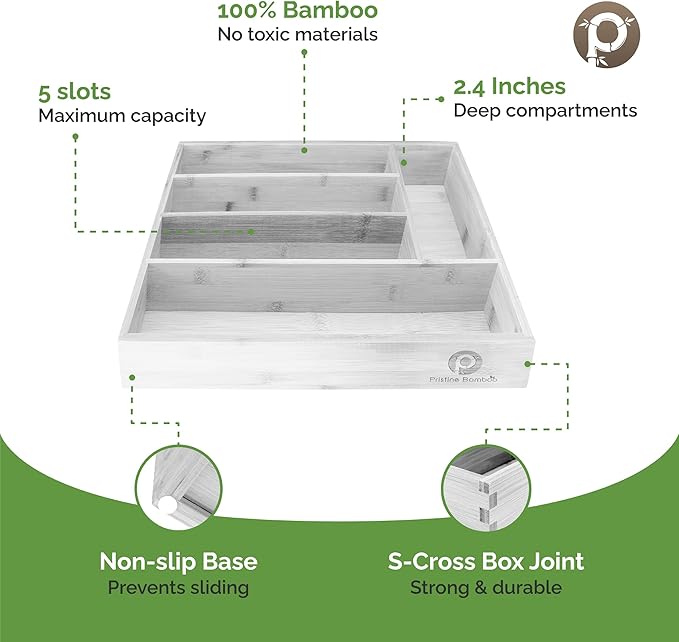 Kitchen Drawer Organizer - Drawer Utensil Organizer and Cutlery Tray - Flatware and Silverware Holder (5-Slots, White)