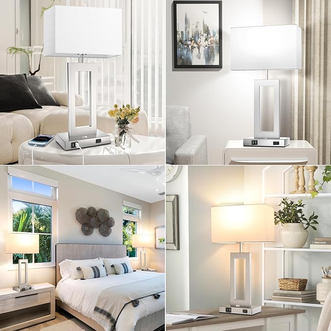 22’’ Touch Control Table Lamps Set of 2, 3 Color Temperatures Bedroom Bedside Lamps, Modern Silver Dimmable Lamps with USB Ports & AC Outlet, Tall Living Room Lamps for Nightstand End Table, 2 Bulbs