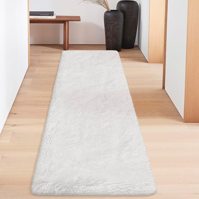 Runner Rug for Bedroom White 2x6ft Fluffy Area Rug Bedside Runner Rug for Kids Room Boys Teens Nursery Baby Living Room Dorm Home Decor Carpets