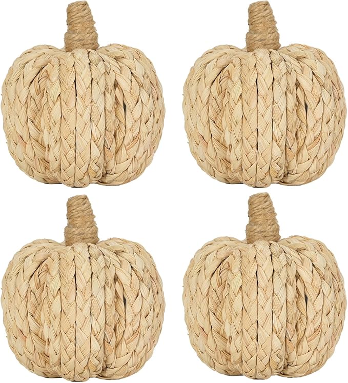 naturevibe 4.3 Inches Braided Cornhusk Pumpkin Decor Set of 4 as Centerpieces for Tables,Natural Corn Stalks Woven Pumpkins for Fall Home Decor,Thanksgiving Decorations or Autumn Harvest Gifts