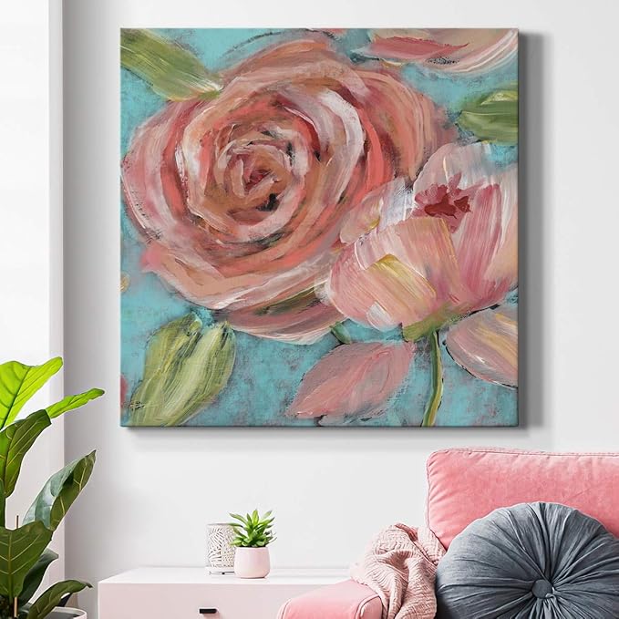 Wexford Home Square Premium Gallery Wrapped Canvas Flower Multicolor Wall Art Abstract Floral Romance Modern Pictures Print for Home Office, Ready to Hang, blushing coral beauties, 24x24