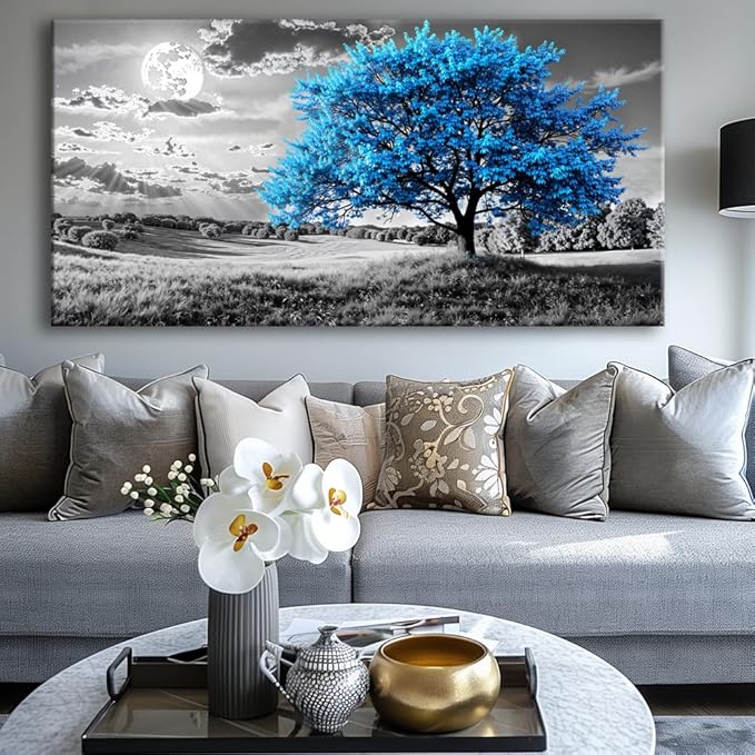 Blue Tree Canvas Wall Art - Modern landscape Paintings for Living Room, Bedroom Wall Decor, Framed Wall Art for Home or Office Decoration, Large Wall Art 75x150cm(30x60in)