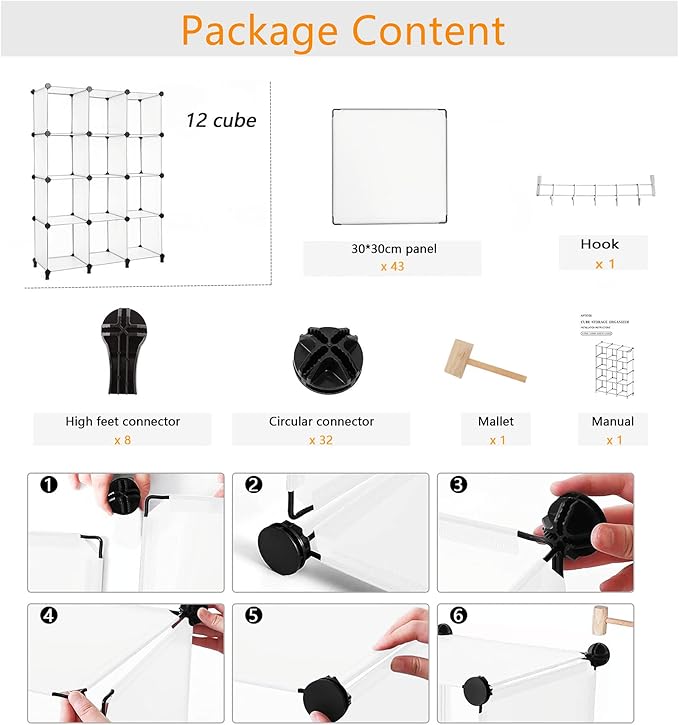 AWTATOS Cube Storage Organizer Storage 12 Cube Bookshelf DIY Plastic Closet Storage Shelves with Wooden Mallet, Ideal Storage Solution for Home, Bedroom, Translucent White