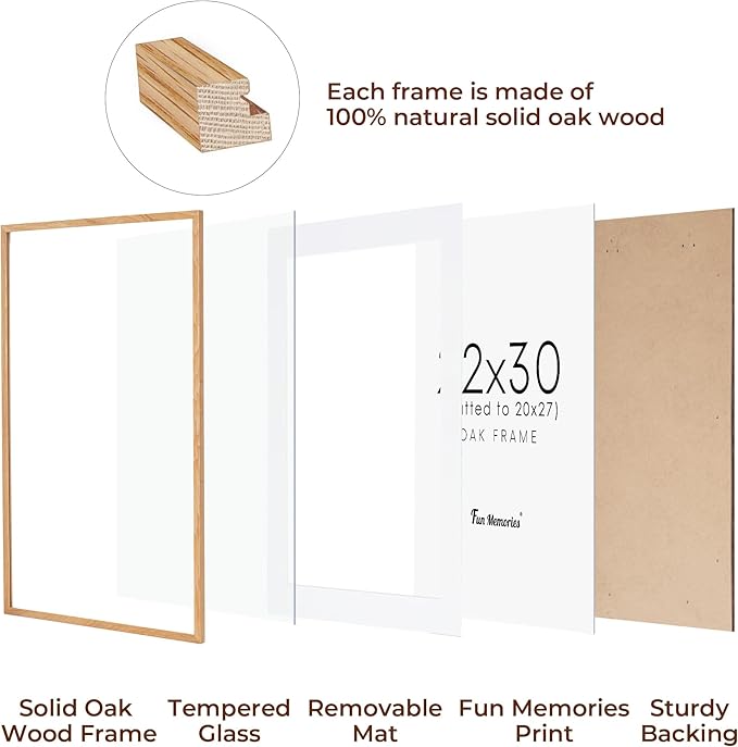 22x30 Oak Wood Picture Frame, 22"x30" Poster Frame for Wall, 22x30 Picture Frame with Mat for 20x27, Solid Oak Wood Photo Frame 22 x 30 with Tempered Real Glass (Natural Oak Color, 1 Pack)
