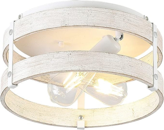 Modern Farmhouse ?Antique White Distressed Flush Mount Light Fixture 2-Light Wood Drum Semi Flush Mount Ceiling Light for Hallway Bedroom Kitchen Entryway Farmhouse