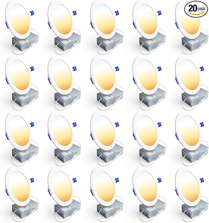 Ensenior 20 Pack 6 Inch LED Recessed Light, Dimmable, 2700K-5000K 5CCT, 1200LM High Brightness, 12W 120V, Damp Rated, ERL-12X-ETL, Ultra-Thin Canless Wafer Light - ETL & FCC & IC