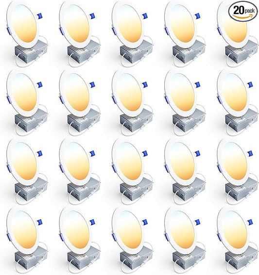 Ensenior 20 Pack 6 Inch LED Recessed Light, Dimmable, 2700K-5000K 5CCT, 1200LM High Brightness, 12W 120V, Damp Rated, ERL-12X-ETL, Ultra-Thin Canless Wafer Light - ETL & FCC & IC