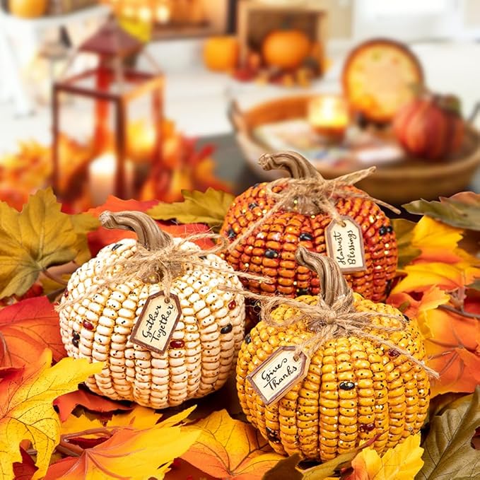 Briful Pumpkins Fall Decoration, 3PCS Decorative Corn Cob Pumpkins Resin Fake Pumpkins Autumn Home Rustic Decor for Thanksgiving Harvest Halloween Table Centerpieces Shelf Indoor Outdoor Porch