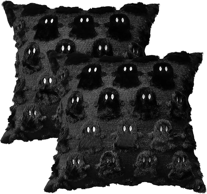 AVOIN colorlife Halloween Ghost Black Throw Pillow Cover Set of 2, 18 x 18 Inch Soft Plush Faux Fur Jacquard Spooky Cushion Case Decoration for Sofa Couch