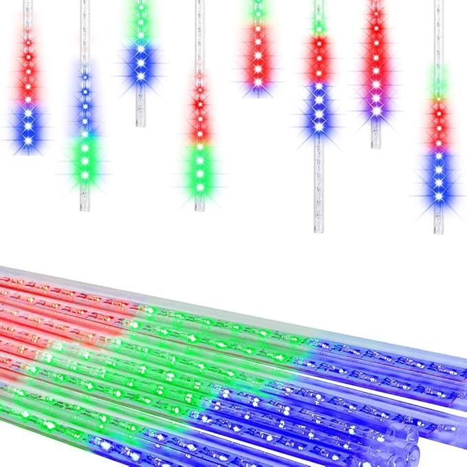 Aukora Christmas Lights Outdoor, UL Plug Halloween Lights Outside, LED Meteor Shower Light, 11.8in 8 Tubes 192 LEDs for Xmas, Wedding, Party, Holiday, Garden, Tree Decoration（Blue、Red、Green