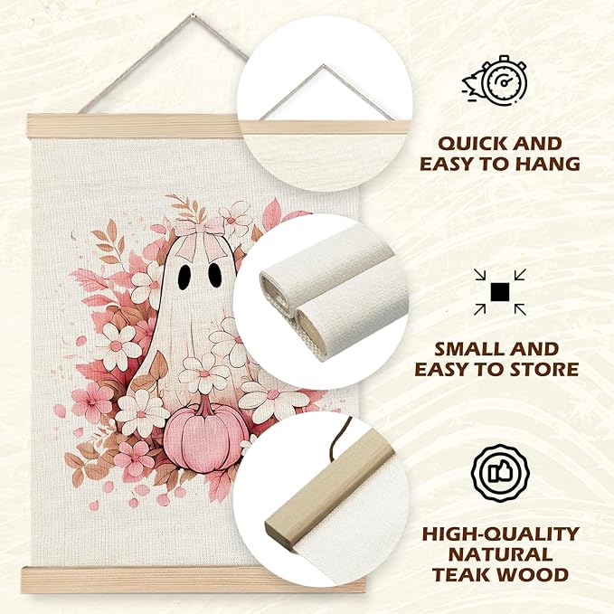 Supwhd Fall Floral Halloween Ghost Wall Art with Wooden Poster Hanger, Pink Bow Ghost Coquette Wall Decor, Coquette Preppy Room Decor, Halloween Pictures Wall Decor, 16x24
