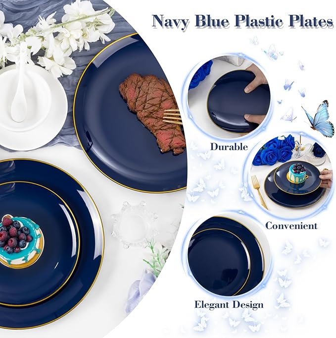 YOUBET 125PCS Blue Plastic Plates - Blue and Gold Plates - Navy Blue Disposable Plates With Gold Rim Include 25 Dinner Plate, 25 Dessert Plate, 75 Golden Silverware Cutlery for Party & Wedding