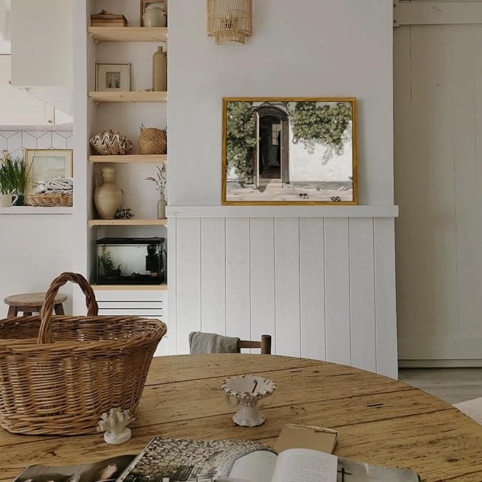 crmotu Vintage Framed Wall Art, Country Landscape Canvas Prints, Grapevine Gate Rustic Farmhouse Decor Painting, Nature Green Scenery Pictures Wall Decor Living Room Bedroom Bathroom Office 12x16in