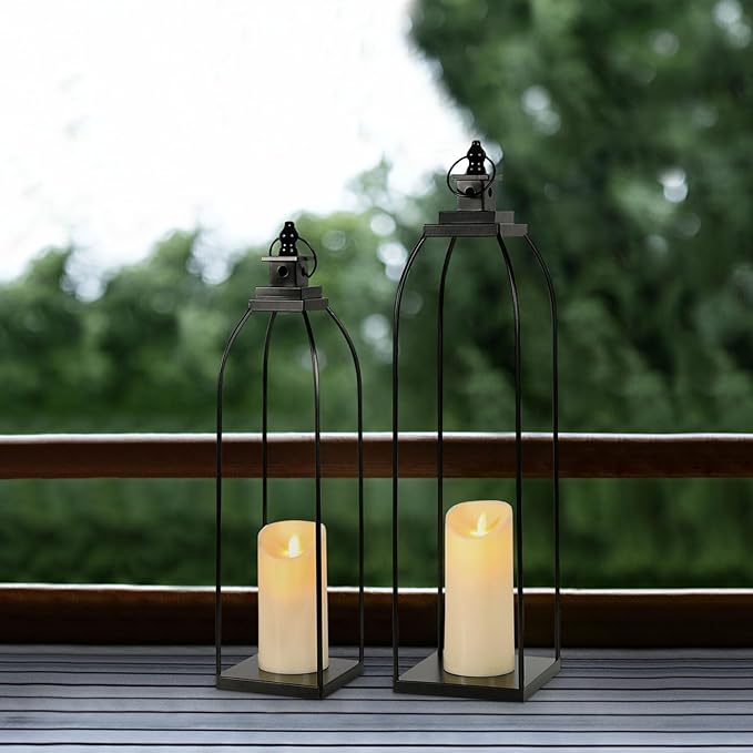19'' 22'' Decorative Candle Lanterns, Large Farmhouse Decorative Metal Lanterns with 2 Flameless Candles, Black Candle Lanterns for Home Porch Fireplace Decor & Indoor and Outdoor Use