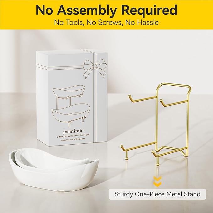 2 Tier Ceramic Fruit Bowl with Metal Stand – Tiered Fruit Stand for Kitchen Countertop, Serving Tray for Snacks, Nuts, Cakes, Desserts, Bread, Candy Storage, Gold