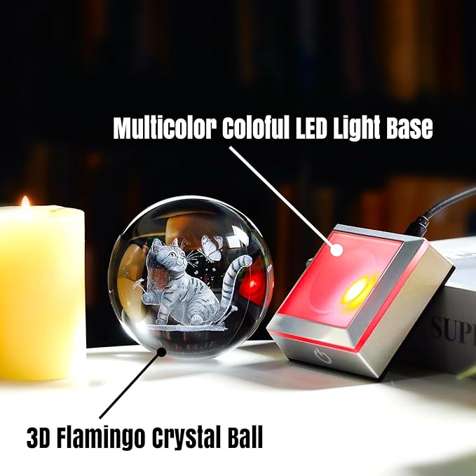 3D Cat Themed Gifts for Women, Mom - 3.15in Crystal Ball Engraved Cat Butterflies with LED Light Base - Mother's Day Birthday Cat Night Light Figurine for Home Decor