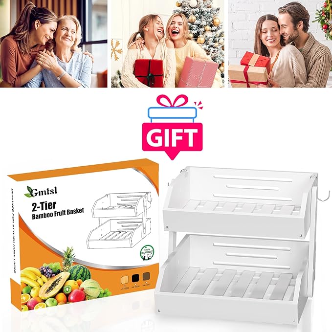 Bamboo Fruit Basket for Kitchen - 2 Tier Fruit Bowl, Large Holder With Banana Hangers, Idea For Vegetable Storage, Bread Display, Snack Organizer (White)