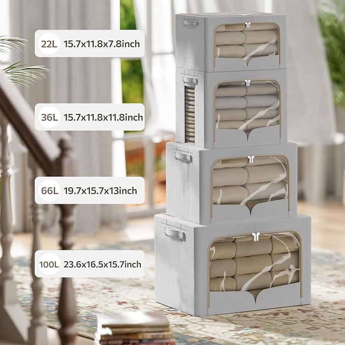 3 Pack Clothes Storage Bins - Foldable Metal Frame Storage Box - Stackable Linen Fabric Container Organizer Set with Carrying Handles and Clear Window (Light Gray, 19.7x15.7x13inch(66L))