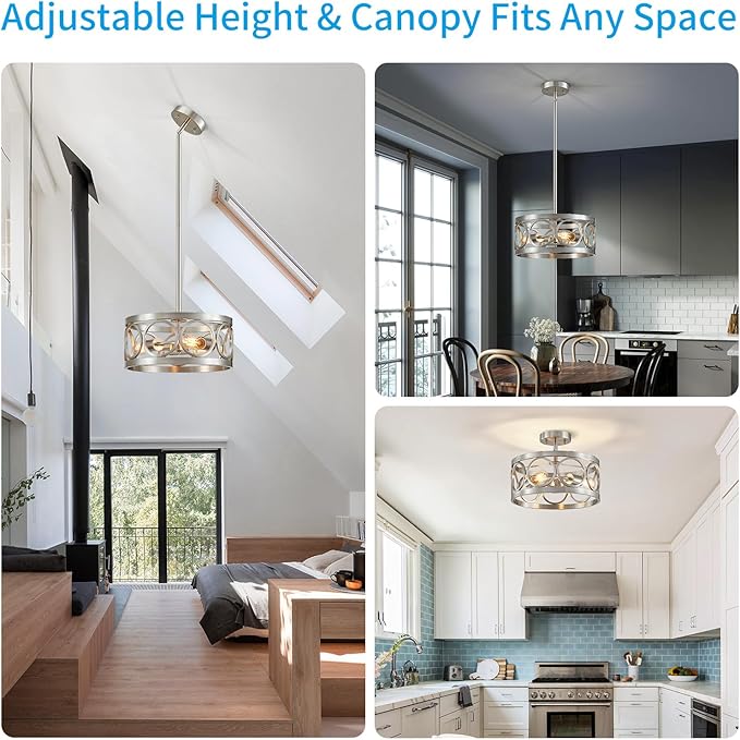 XINGQI Brushed Nickel 3-Light Rustic Ceiling Light Modern Adjustable Height Pendant Lighting Fixture Antique Drum Lamp for Living Room Bedroom Entryway Corridors 13”