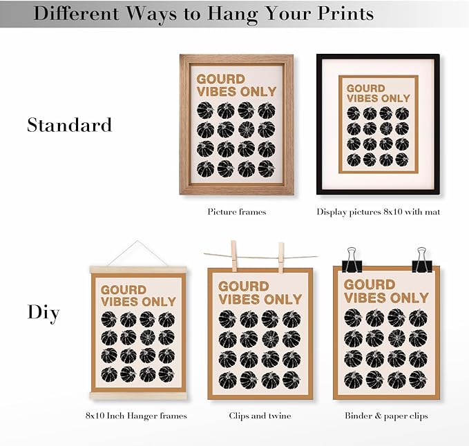 JXREQ Fall Decor Thankful Grateful Vintage Turkey Posters Pumpkin Wall Decor, Gourd Vibes Only Fall Art Prints for Harvest Thanksgiving Kitchen Bedroom Living Room Set of 4, 8x10 Inch Unframed