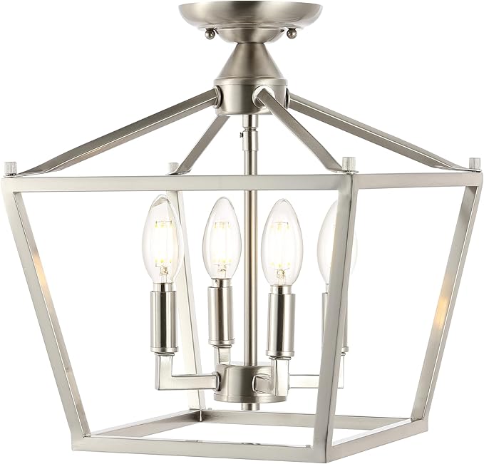 JONATHAN Y JYL7610D Plains Mini Lantern 12" 4-Light Iron Modern Farmhouse LED Flush Mount, Office, Living Room, Family Room, Dining Room, Bedroom, Hallway, Foyer, Nickel