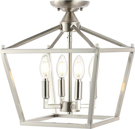 JONATHAN Y JYL7610D Plains Mini Lantern 12" 4-Light Iron Modern Farmhouse LED Flush Mount, Office, Living Room, Family Room, Dining Room, Bedroom, Hallway, Foyer, Nickel